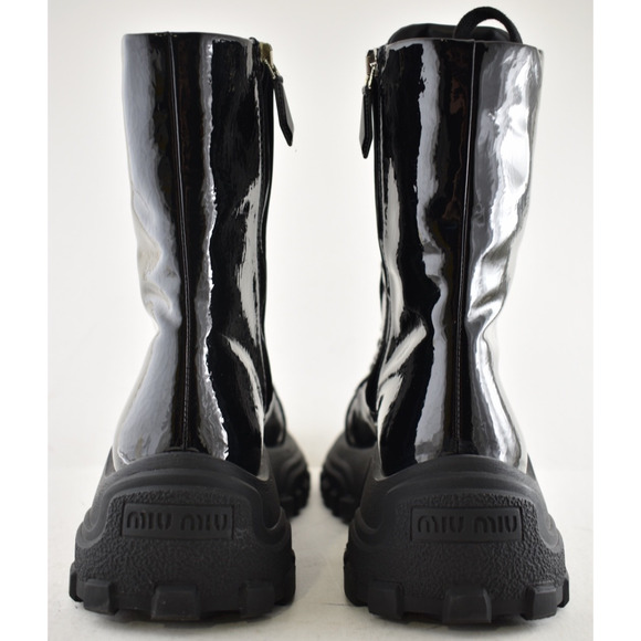 Miu Miu Naplak Tech Black Patent Leather Platform Lace Up Combat Moto Boot 36.5 - Picture 13 of 15